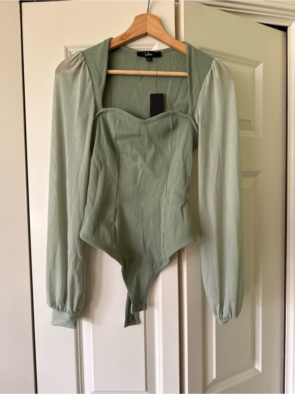 Lulu's Sage Green Ribbed Sweetheart Bodysuit with Sheer Bishop Sleeves